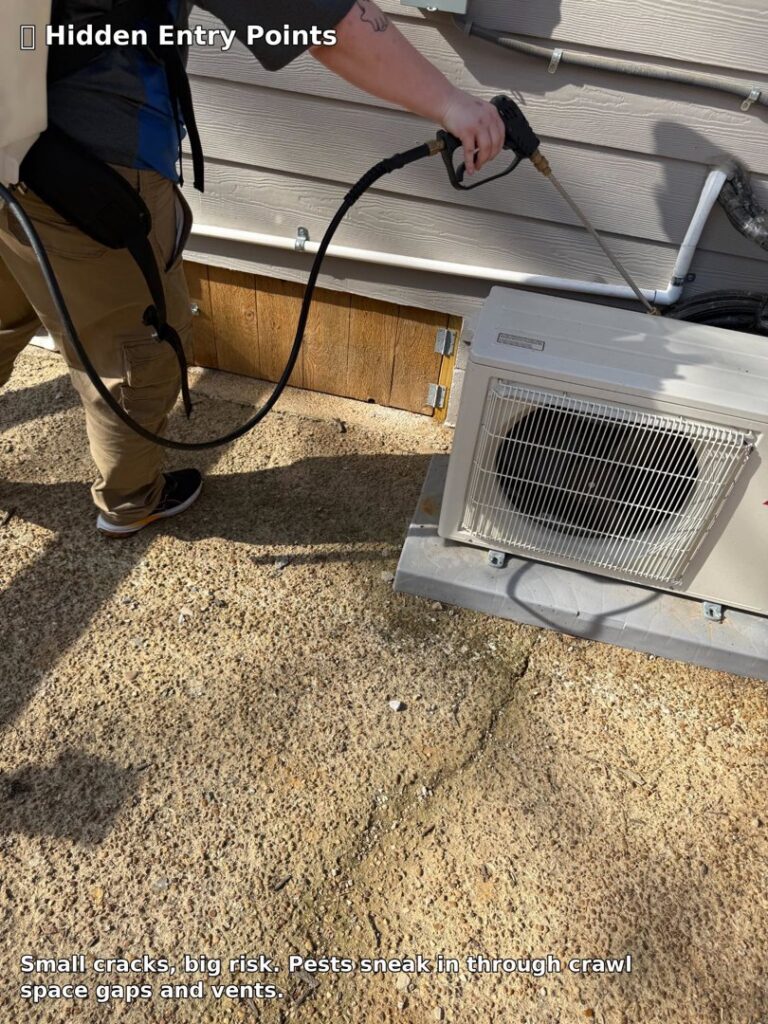 A Rosie's Pest Control technician treating a house exterior and foundation for pest entry points in Memphis, TN.