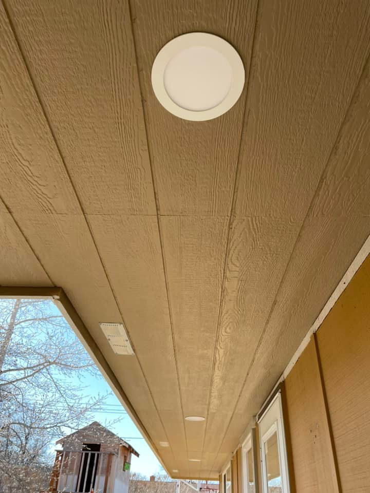 Exterior recessed lighting installed on a soffit by C&J Electric in Miles City, MT.