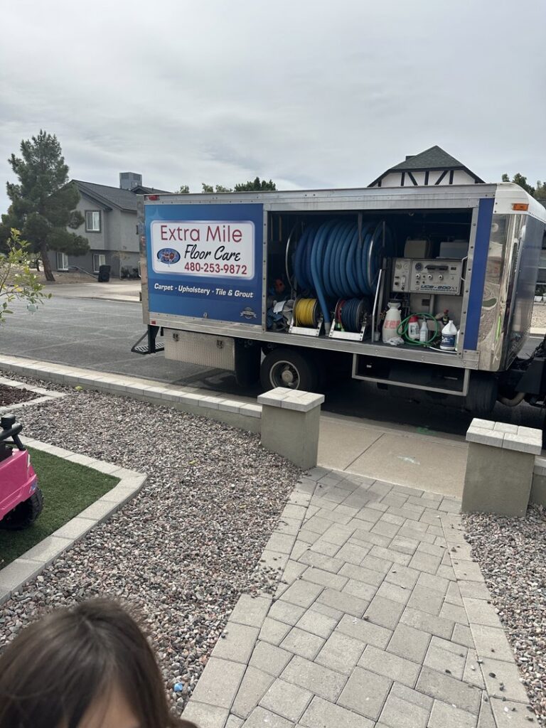 The Extra Mile Floor Care service truck with professional carpet cleaning equipment ready for jobs in Mesa, AZ.