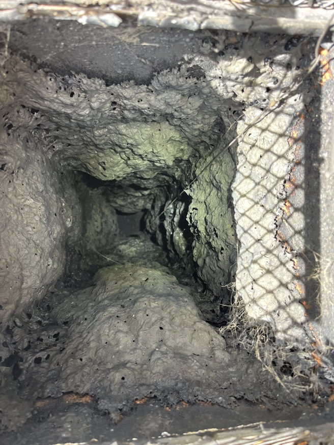 A close-up view of extreme creosote buildup inside a chimney flue, requiring service from Heartland Chimney Sweeps LLC in McCall, ID.