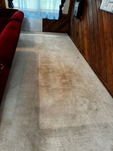 An extremely dirty carpet with heavy stains requiring professional cleaning by PRIME CLEAN VA in Virginia Beach, VA.