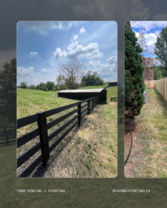 A collage featuring a black farm fence and a residential wood privacy fence installed by Fairway Fencing in Lexington, KY.