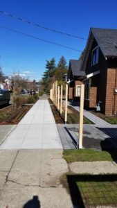 New fence posts installed along a sidewalk, part of a fencing project by Alpine Fencing in Everett, WA.