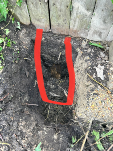 A fence post replacement hole dug next to an existing wooden fence by HammerHorn Fence & Gate Systems in Rochelle, IL.