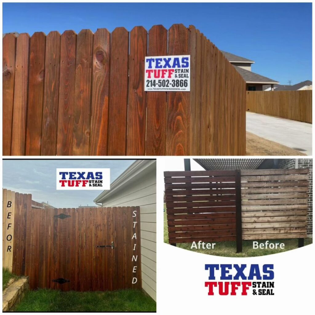 A collage displaying before and after fence staining projects by Texas Tuff Stain and Seal in Fort Worth, TX.