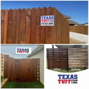 A collage displaying before and after fence staining projects by Texas Tuff Stain and Seal in Fort Worth, TX.