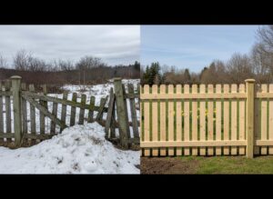 A fencing contractor from Best Boy's Fencing installing a new wooden privacy fence and gate in a residential backyard in Fort Collins, CO.