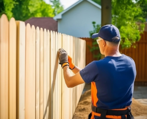 A fencing contractor from The Columbus Fencing Company installing a new wooden fence in Columbus, GA.