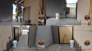 A collage showing the fencing installation process, including jackhammering and completed gates, by Arizona Snake Fence LLC in Tucson, AZ
