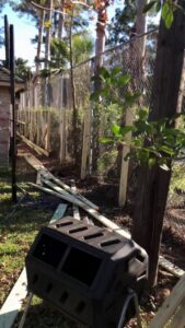A fencing job in progress showing new wooden posts and existing chain link fence by GOAT Fence Company in Houston, TX.