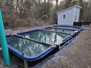 Two rectangular fiberglass pool shells being installed in a backyard, demonstrating pool construction by Salty Reef Pools LLC in Summerville, SC.