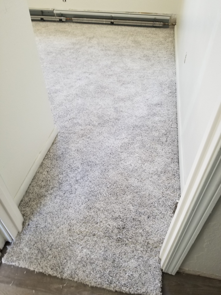Finished carpet installation at a doorway transition by Rendon Flooring in Green River, WY.