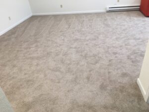 A room with a freshly installed carpet, showing vacuum lines, completed by Carpet Connection of Denver in Aurora, CO.