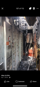Fire-damaged electrical control panels in an industrial facility, ready for repair by GM Electric Inc. in Kalispell, MT.