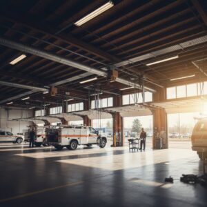 An interior view of a fire station with multiple open garage doors, a service area for Fort Wayne Door & Dock, Inc. in Fort Wayne, IN