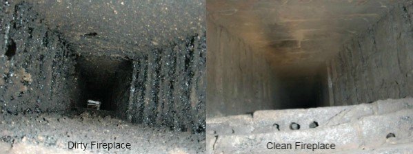 Before and after view of a fireplace chimney cleaning service by Wright Way Air Duct Cleaning in Streamwood, IL