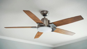 A five-blade ceiling fan with wooden blades and a brushed nickel finish installed by Jack-O-Lantern Electric in Knoxville, TN.