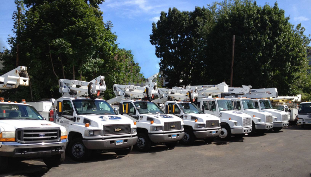 A fleet of white bucket trucks and utility vehicles parked at Pasquariello Electric Corporation in New Haven, CT.