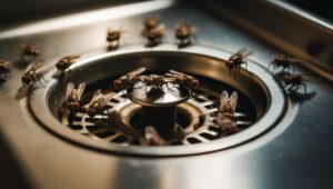 Numerous flies gathered in a kitchen sink, indicating a pest problem that Buzz Kill Pest Control can resolve in Indianapolis, IN.