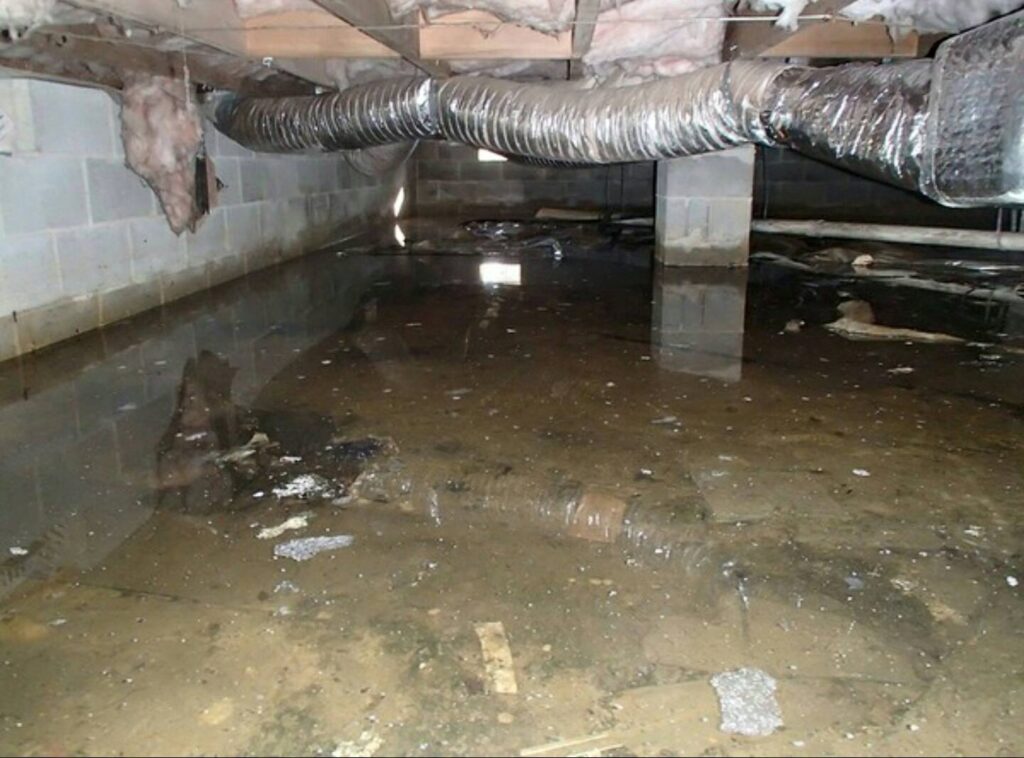 A flooded crawl space under a house, highlighting a severe moisture problem addressed by Sellers Pest Control in Summerville, SC.
