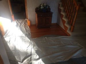 Protective drop cloths laid out on a floor for a carpet cleaning job by Premium Carpet Care in Lincoln, NE.