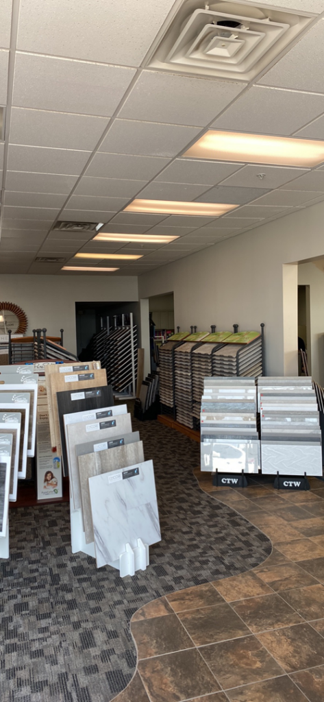 Interior view of the Future Floors Omaha showroom displaying various carpet and flooring samples in Omaha, NE.