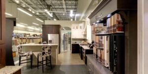 Interior view of the ProSource Flooring Kitchen & Bath showroom in Naperville, IL, showcasing various flooring displays.