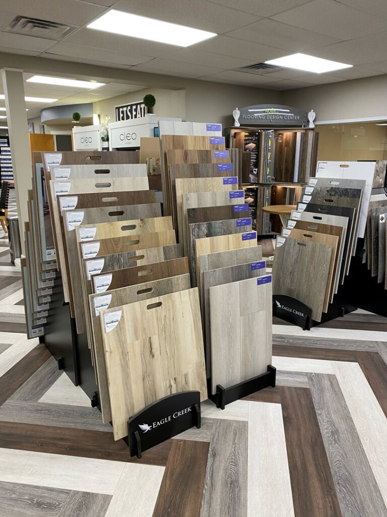A wide selection of flooring samples displayed in the Carpet Planet LLC showroom in Colorado Springs, CO.