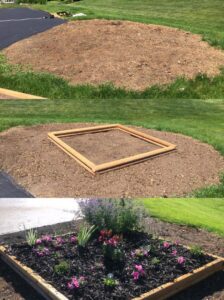 Before, during, and after photos of a new flower bed installation with mulching by Fili's Lawn Care LLC in Kenosha, WI.