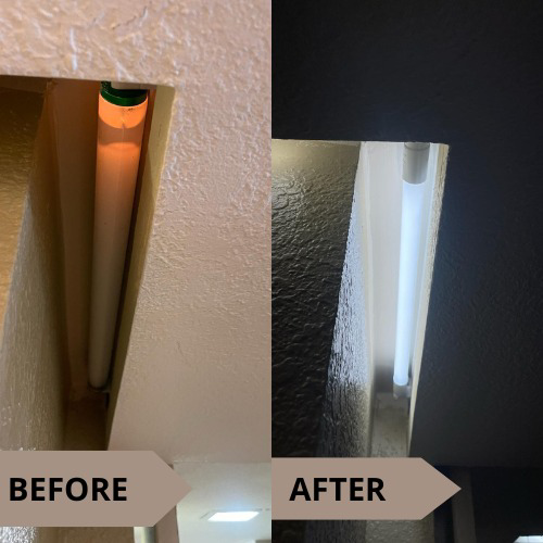 Before and after of a fluorescent light fixture repair by Electro Flash Services LLC in Denver, CO