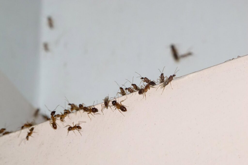 A group of flying ants and regular ants on a white surface, indicating an infestation, by Blue Rose Pest Control in Fremont, NE.