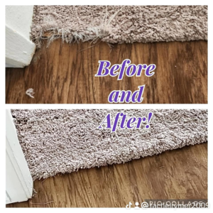 Before and after repair of a frayed carpet edge by All Star Carpet Restoration and Cleaning in Midlothian, TX