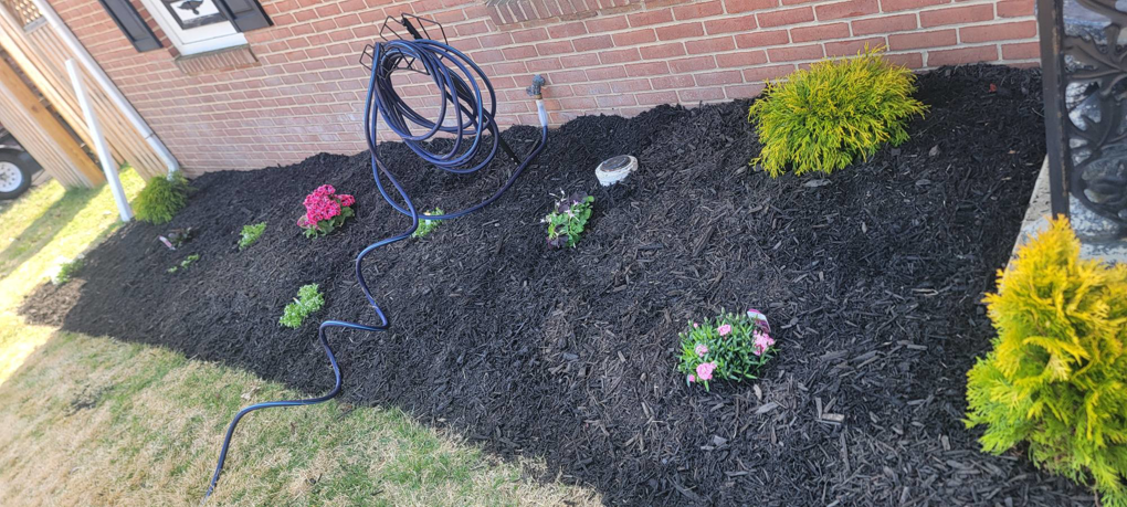 A newly mulched flower bed with fresh plantings next to a brick house, showcasing work by Parks' Lawn Care in Hagerstown, MD.