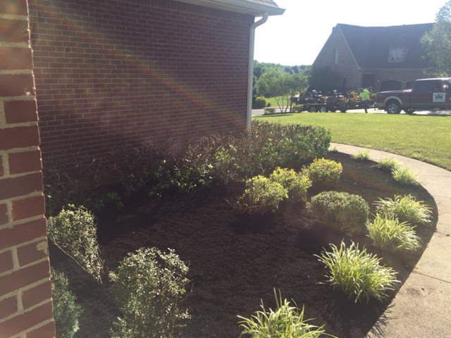 Freshly mulched landscaping beds with a lawn care truck and trailer in the background by Cutting Edge Lawn Services in Islip, NY