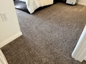 Freshly cleaned brown carpet in a bedroom, showing vacuum lines, by Technique Carpet & Tile Cleaning, Inc. in Winter Springs, FL.