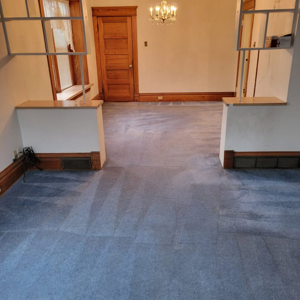 A room with freshly cleaned blue carpet showing distinct cleaning lines by Klein Chem-Dry in Cedar Rapids, IA.