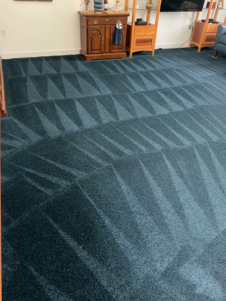A freshly cleaned blue carpet with visible cleaning lines by LHB Clean Team in Harrisburg, PA.