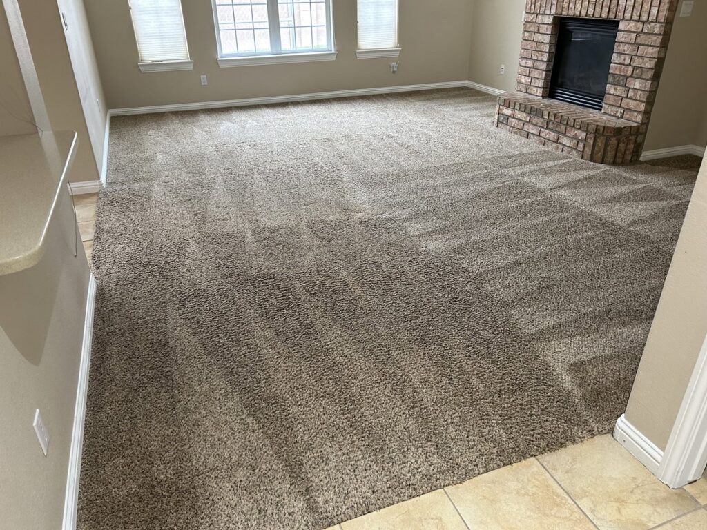A freshly cleaned brown carpet showing distinct cleaning lines in a residential room by DanCare Carpet Cleaning in Albuquerque, NM