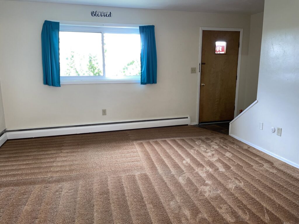 Freshly cleaned brown carpet in a living room, showing distinct cleaning lines from KANDE Carpet Cleaning in Pittsburgh, PA.