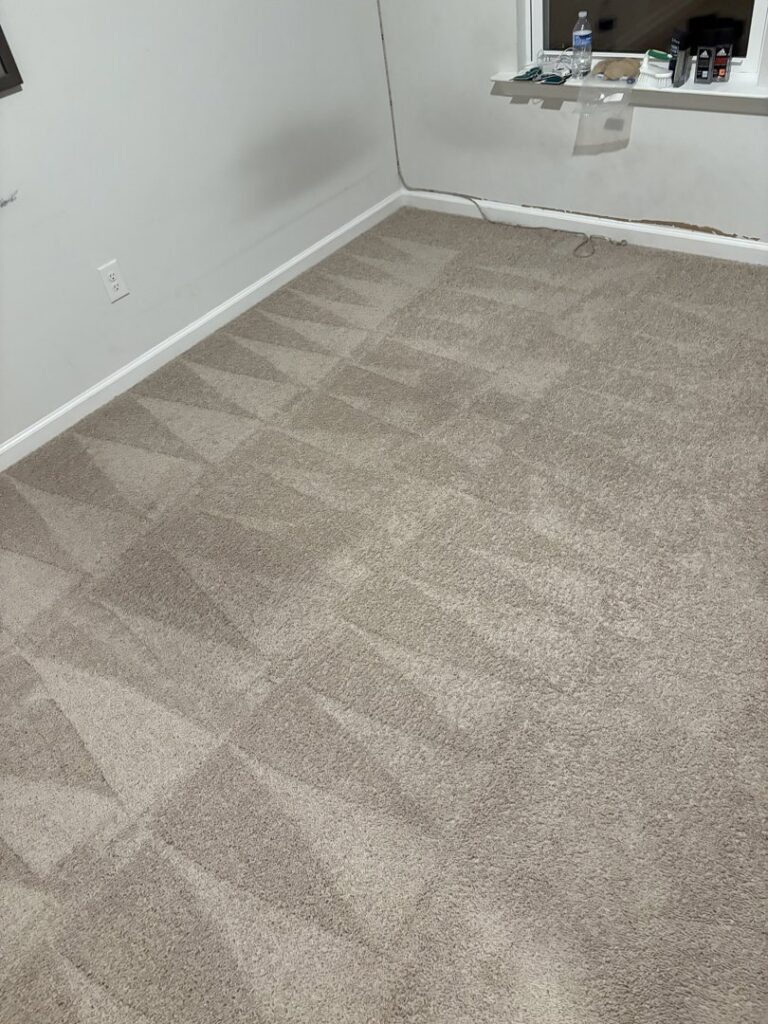 A freshly cleaned carpet in a bedroom, showing distinct cleaning lines, by Deep Wave Cleaning Solutions in Summerville, SC