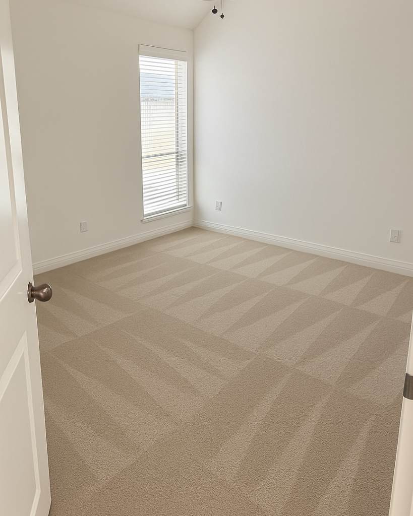 A bedroom with freshly cleaned carpet showing distinct cleaning lines by Stain Punishers Carpet Cleaning in Plano, TX.