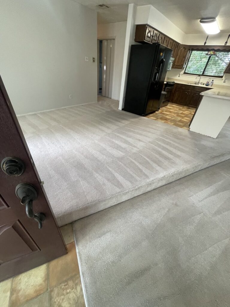 A freshly cleaned carpet in an entryway leading to a kitchen, showing professional results from Carpet PRO Cleaner in Cary, NC.