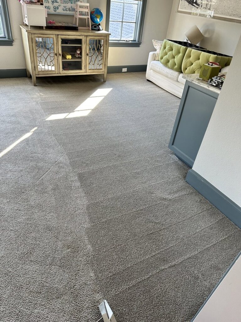 Freshly cleaned carpet with visible cleaning lines after a service by Coconut Cleaning of Dallas-Fort Worth in Dallas, TX.