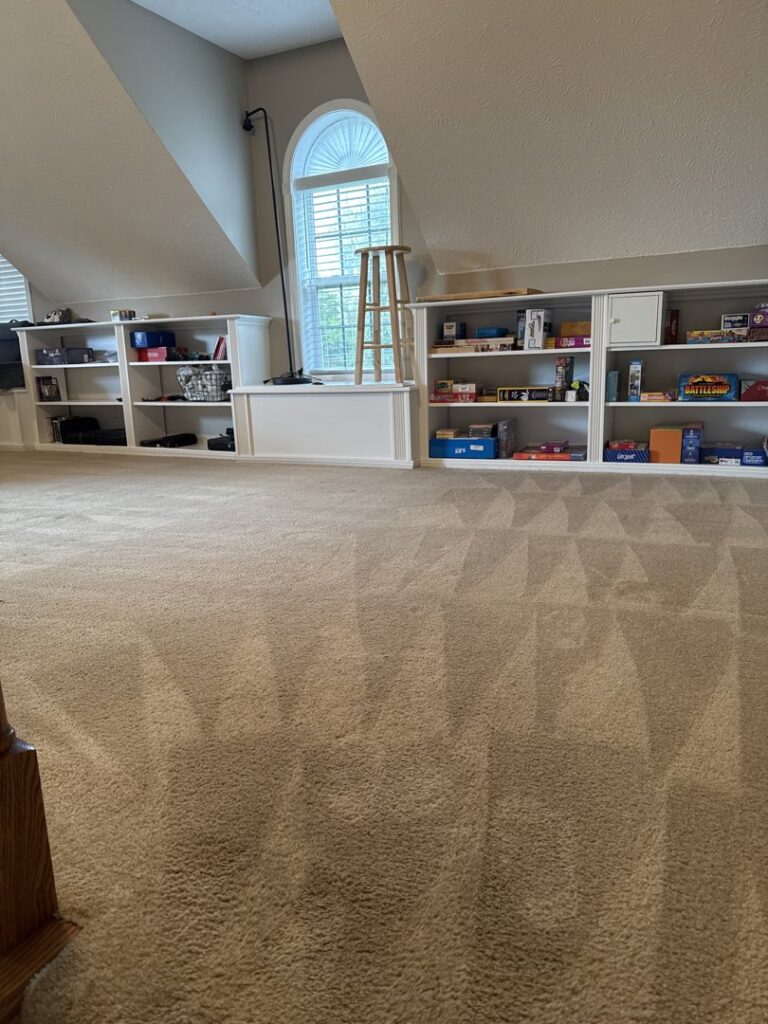Freshly cleaned carpet with visible cleaning lines in a large room by Safe-Dry Carpet Cleaning of Clarksville, TN