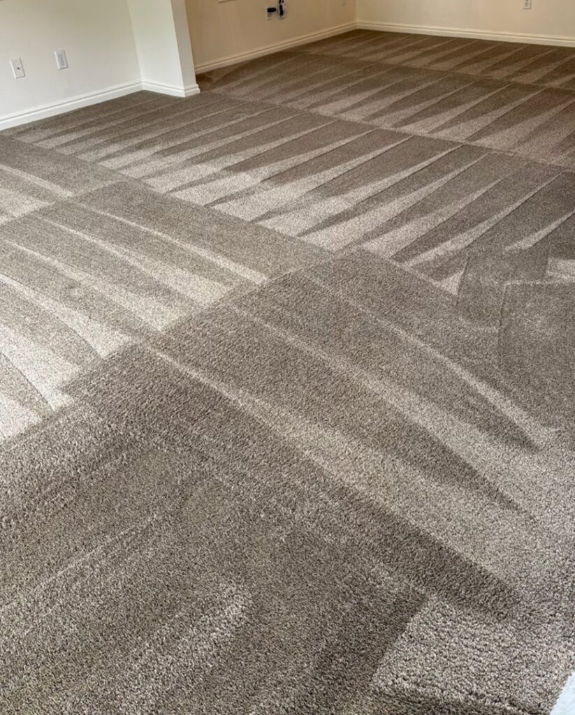 Freshly cleaned carpet with distinct cleaning lines, showcasing a completed job by Utah Carpet Systems in Orem, UT.