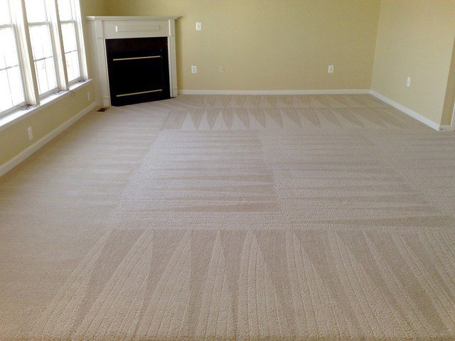A freshly cleaned carpet with visible cleaning lines in a living room by Alexandria Green Carpet & Rug Cleaning in Alexandria, VA.