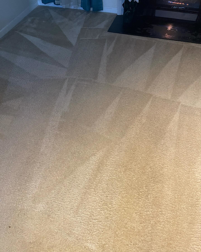 Freshly cleaned carpet with visible cleaning lines near a fireplace by D&A Carpet Cleaning in Durham, NC.