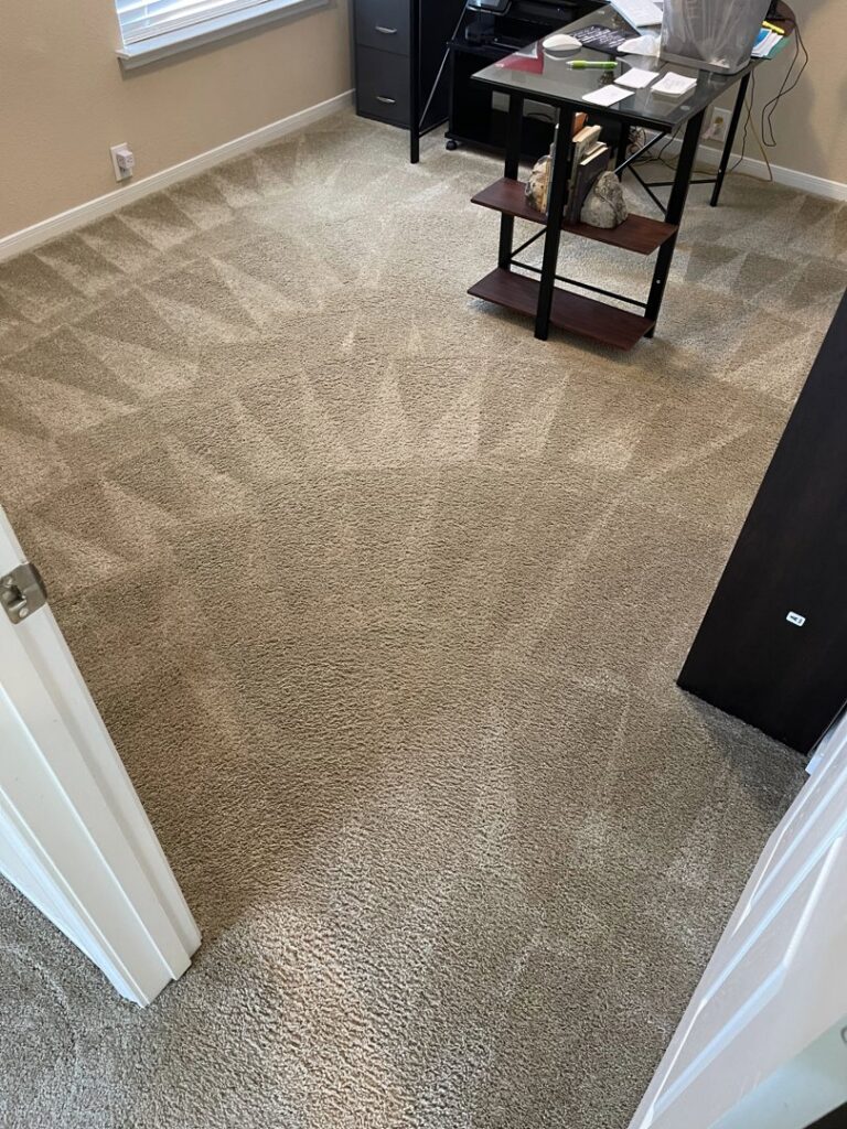 A freshly cleaned carpet with visible vacuum lines in an office, showcasing Good Guys Carpet Cleaning in Katy, TX.