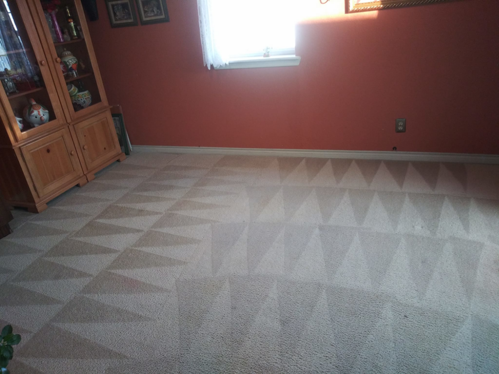 A freshly cleaned carpet with distinct geometric patterns from the cleaning process by C&S Carpet Cleaning in Cyril, OK.