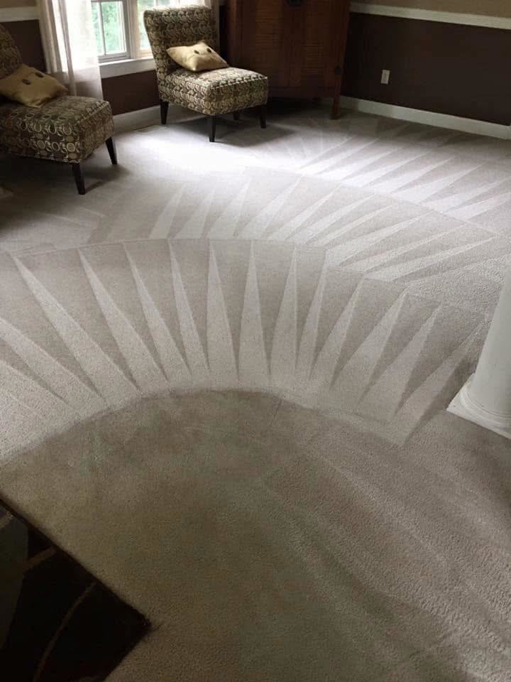 A freshly cleaned carpet with visible cleaning patterns, showcasing work by ISteam Carpet Care in Chattanooga, TN.
